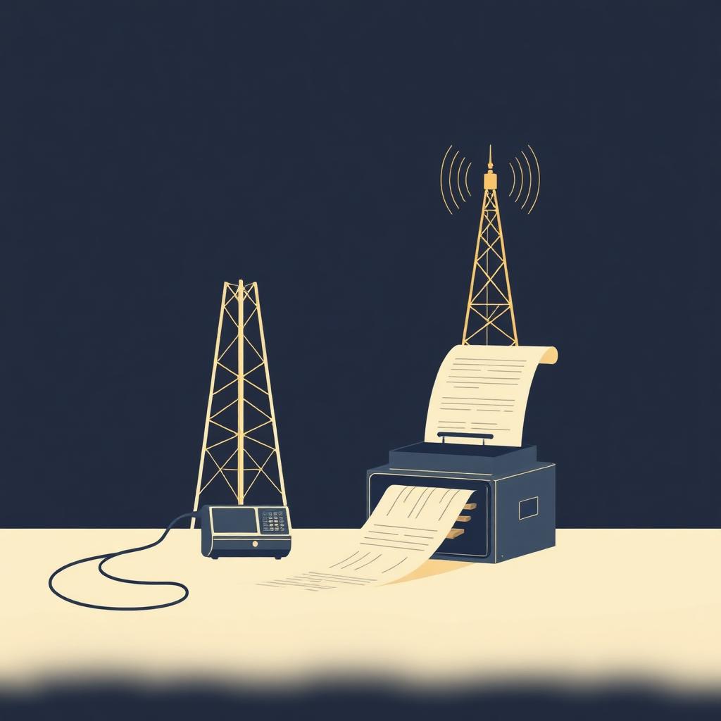 Téléscripteur d'agence de presse et antenne de transmission